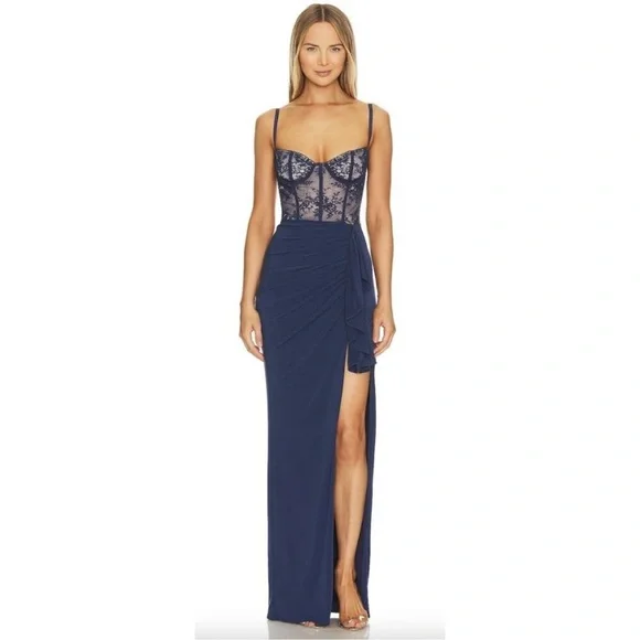 NWOT KATIE MAY Willow Floral Lace & Jersey corset Gown in Deep Sea sz S